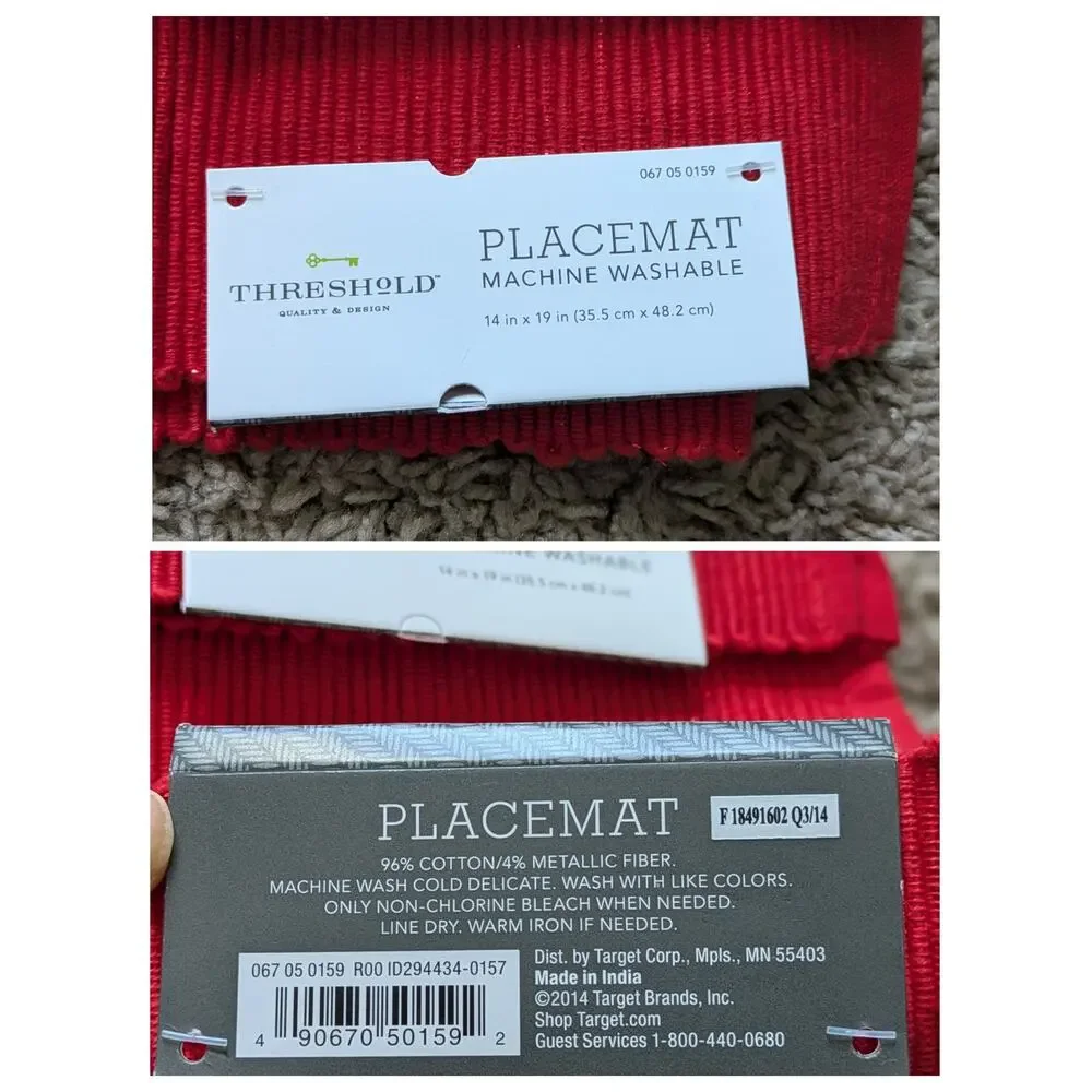 4 NWT Threshold Placemat Machine Washable 14X19in Cotton Red Metallic Christmas